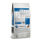 The back of a bag of MyFood's dry dog food for medium and large breeds, with derma support and lamb & rice flavor, detailing its daily feed guide, composition and more.