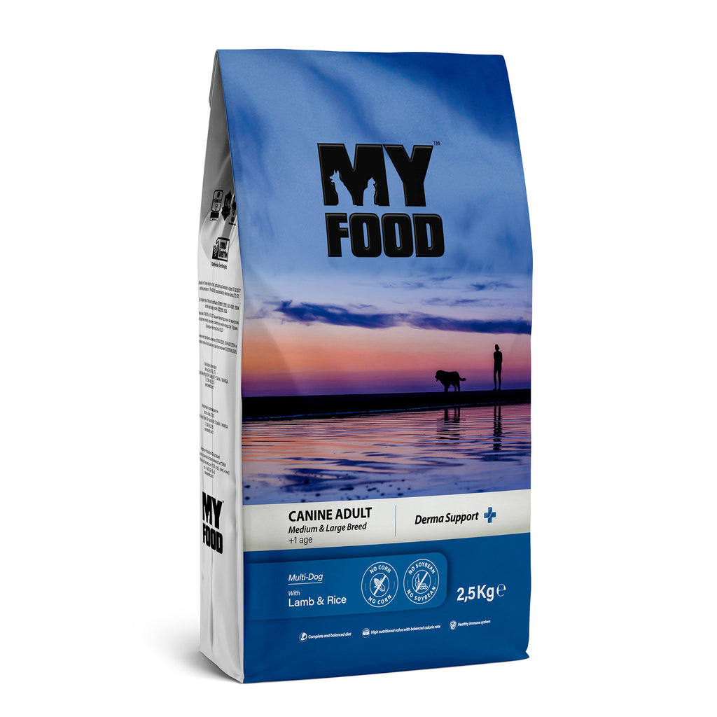 A bag of MyFood brand adult dog dry food with lamb and rice. The packaging is predominantly blue with an image of a dog and a sunset over water.