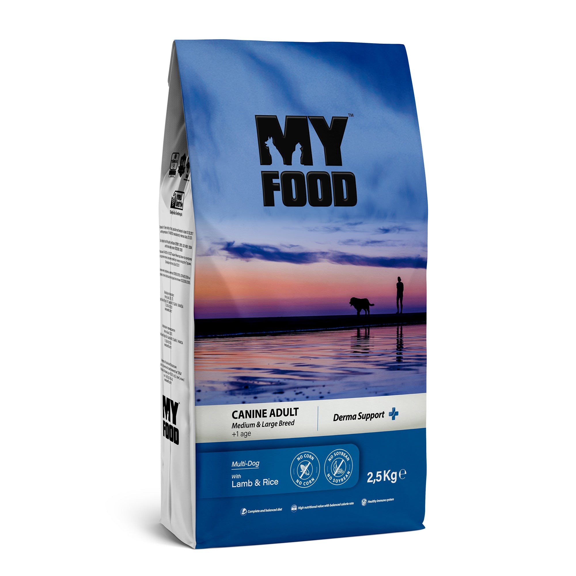 A bag of MyFood brand adult dog dry food with lamb and rice. The packaging is predominantly blue with an image of a dog and a sunset over water.