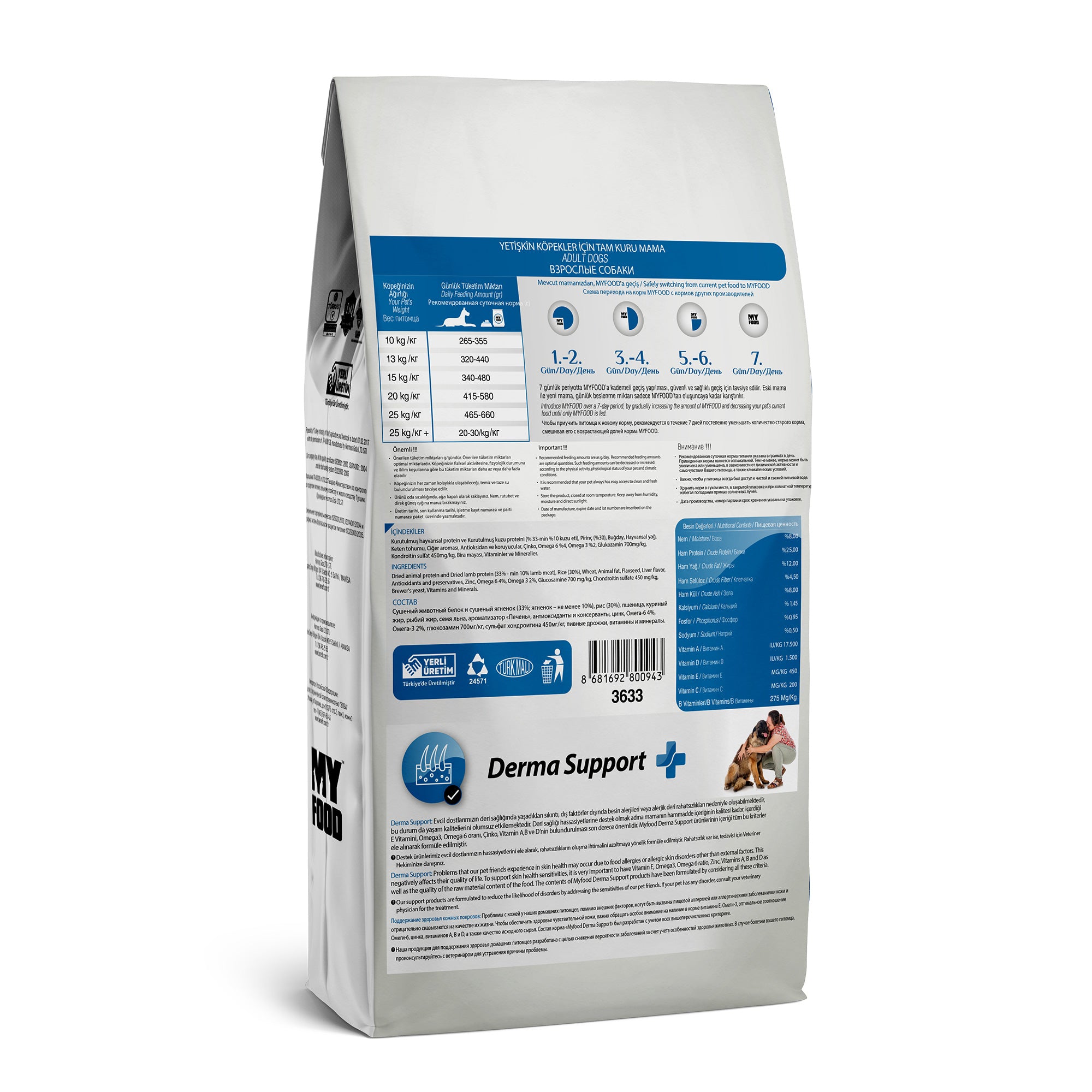 The back of a bag of MyFood's dry dog food for medium and large breeds, with derma support and lamb & rice flavor, detailing its daily feed guide, composition and more.
