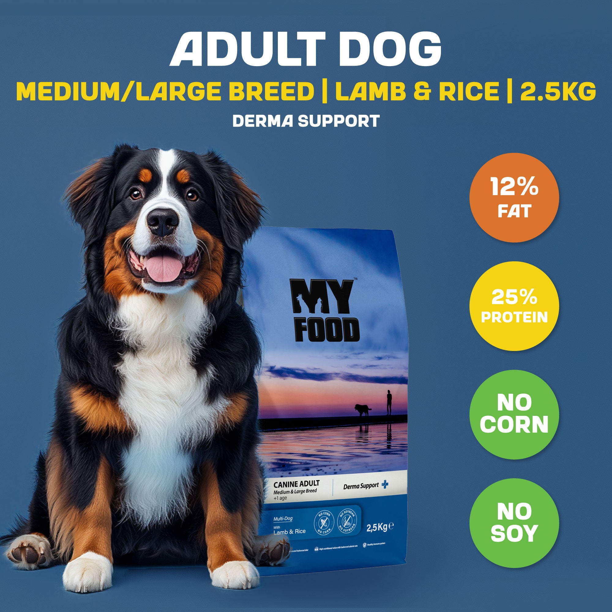A white, brown and black dog sitting next to a bag of MyFood's dry dog food for medium to large breeds with derma support and lamb & rice flavor, with infographics next to it detailing fat, protein and other compositions of the kibble.