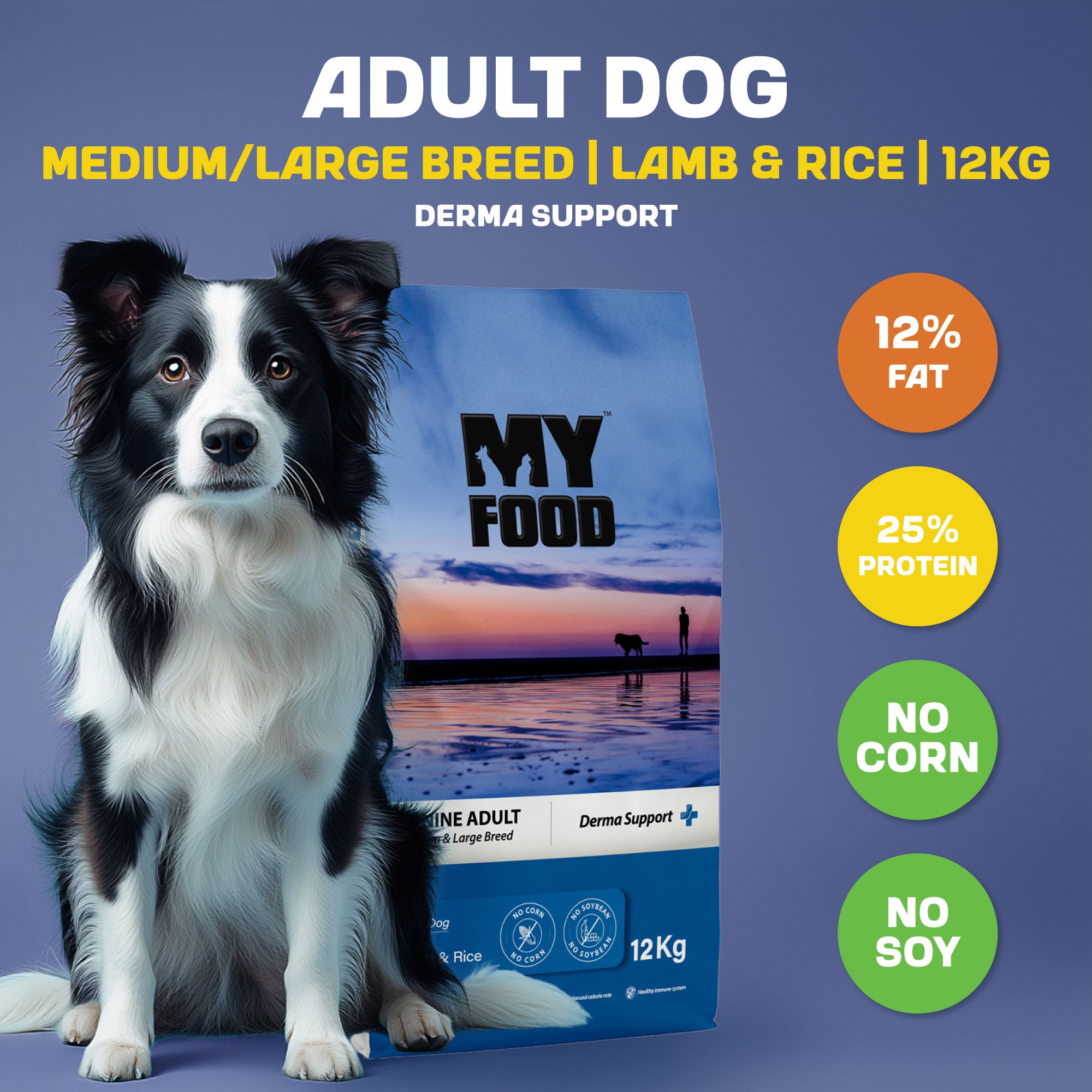 A husky dog sitting next to a bag of MyFood's dry dog food for medium to large breeds with derma support and lamb & rice flavor, with infographics next to it detailing fat, protein and other compositions of the kibble.