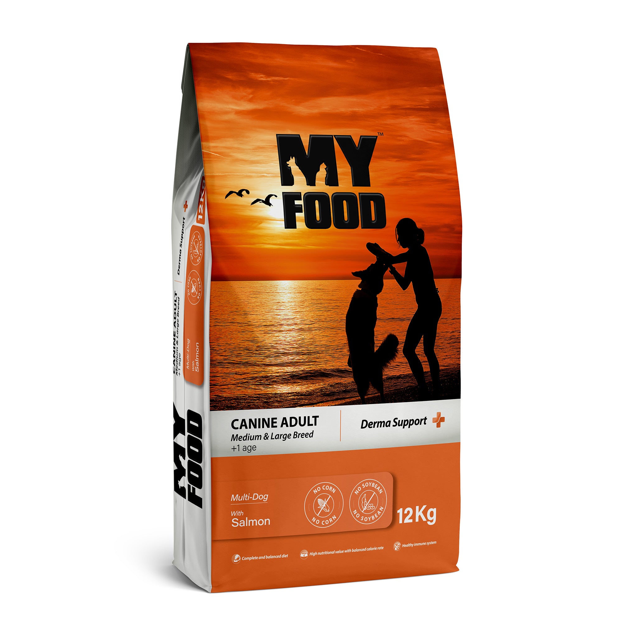 A bag of MyFood brand adult dog food with a salmon flavor, designed for derma support, in a 12Kg packaging.