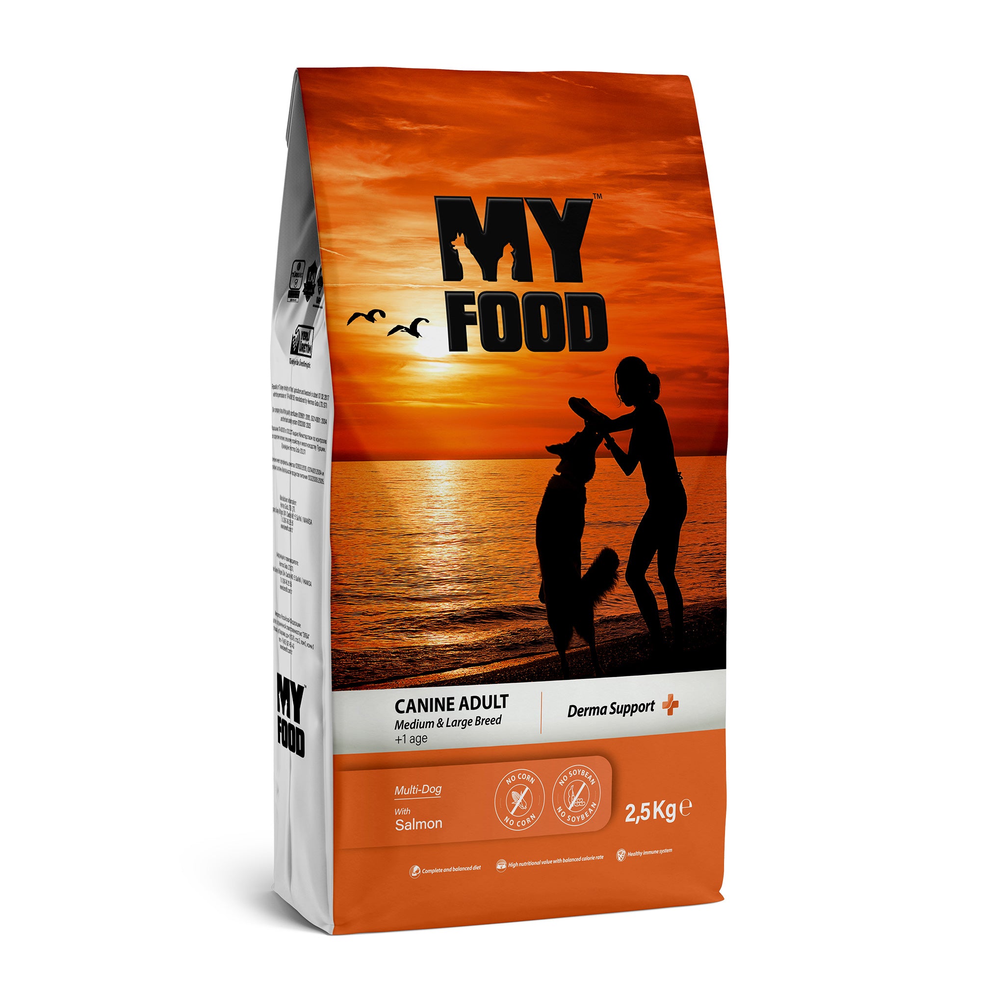 A bag of MyFood brand adult dog dry food with salmon. The packaging is predominantly orange with an image of a dog and a person in the background.