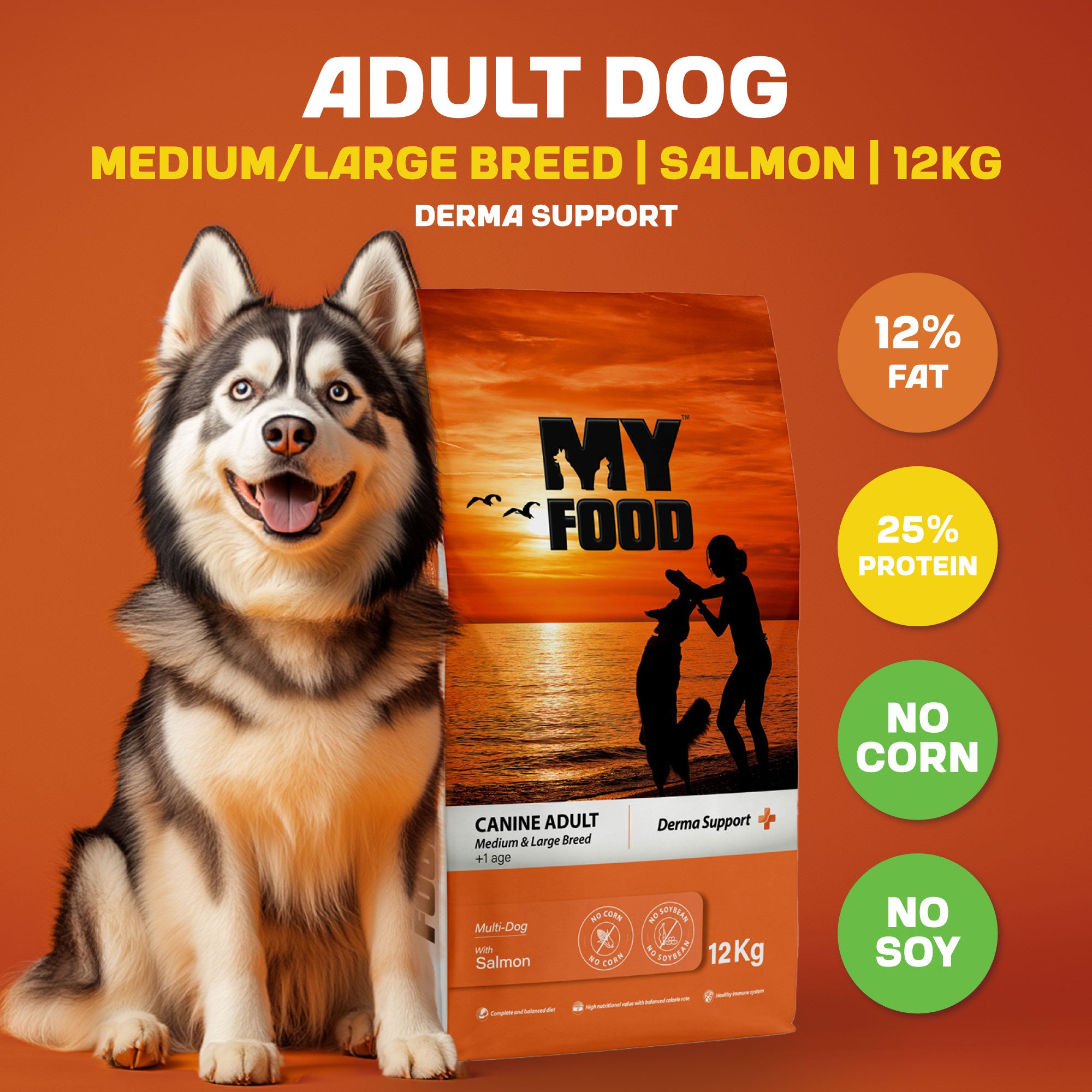 A husky dog sitting next to a bag of MyFood's dry dog food for medium to large breeds with derma support and salmon flavor, with infographics next to it detailing fat, protein and other compositions of the kibble.