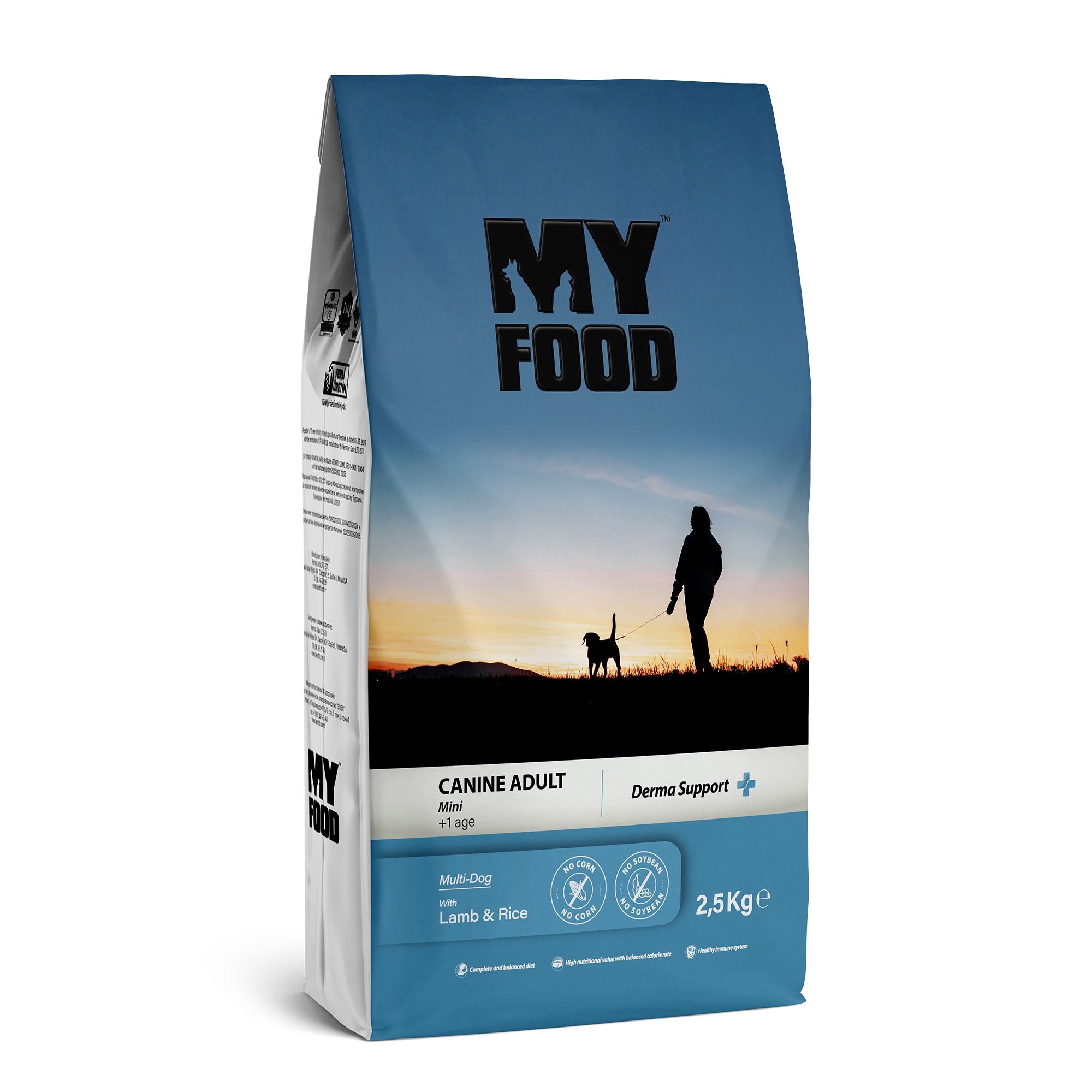 A bag of MyFood brand adult dog dry food with a picture of a dog and a person silhouetted against a sunset.