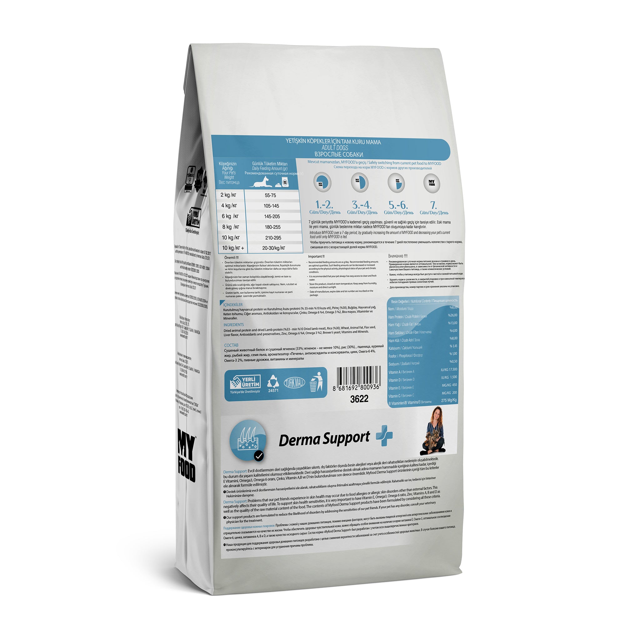 The back of a MyFood dry dog food bag for mini breeds with derma support and lamb & rice flavor, detailing its feed guide, composition and more.