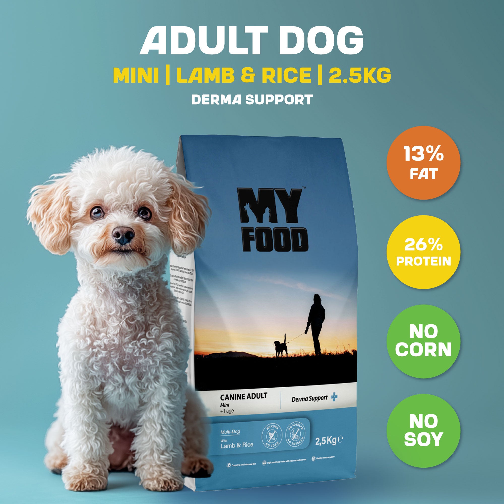 A white, frizzy-haired dog sitting next to a 2.5kg bag of MyFood's dry dog food for mini breeds with derma support and lamb & rice flavor, with infographics next to it showing its fat and protein contents, and more.
