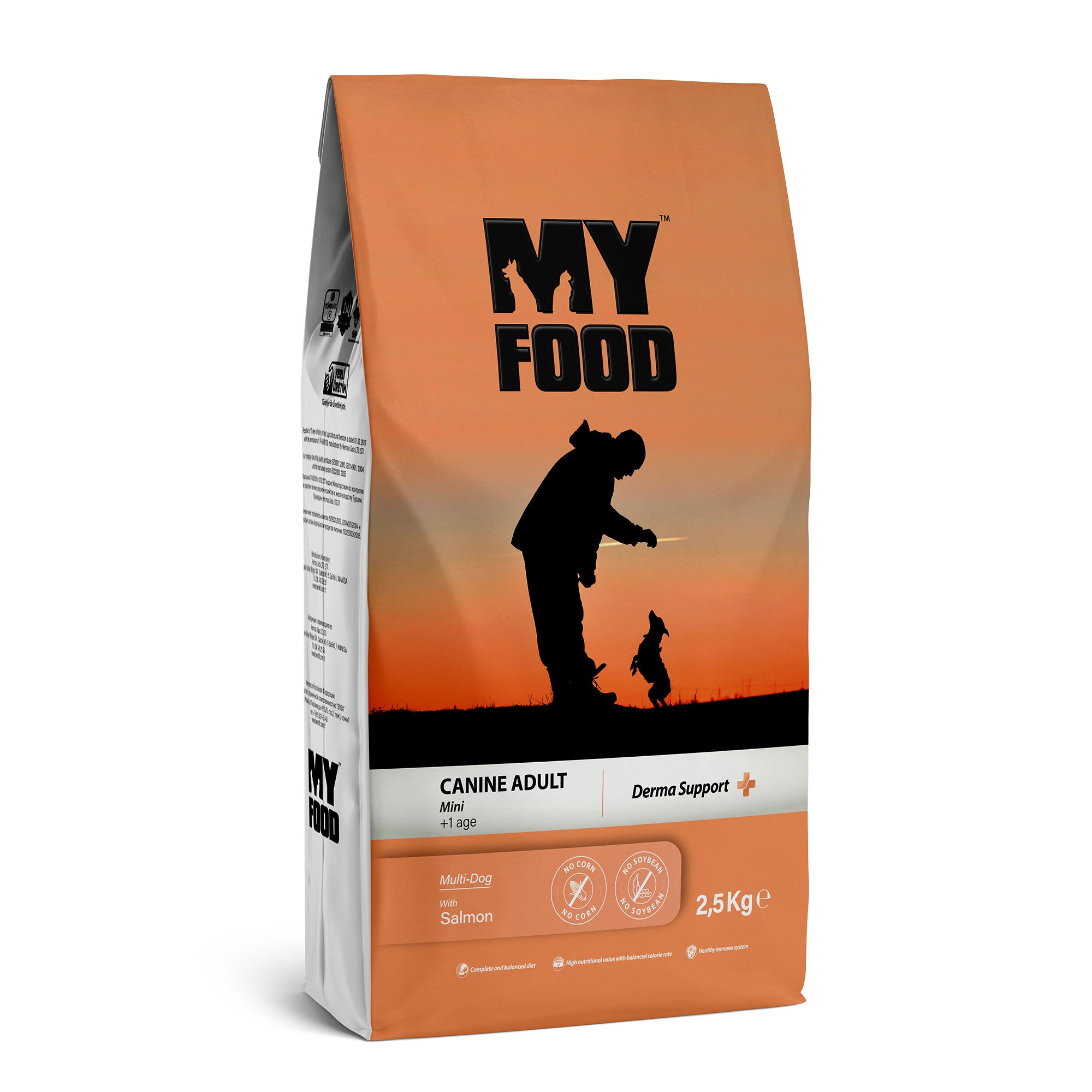 A bag of MyFood brand adult dog food with salmon. The packaging is predominantly orange with a silhouette of a person and a dog on the front.