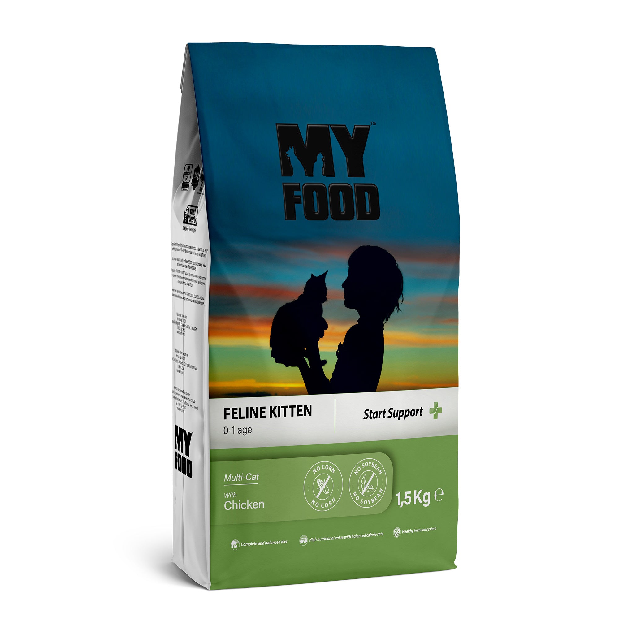 A bag of MyFood brand dry kitten food with a picture of a person holding a kitten and a sunset in the background.
