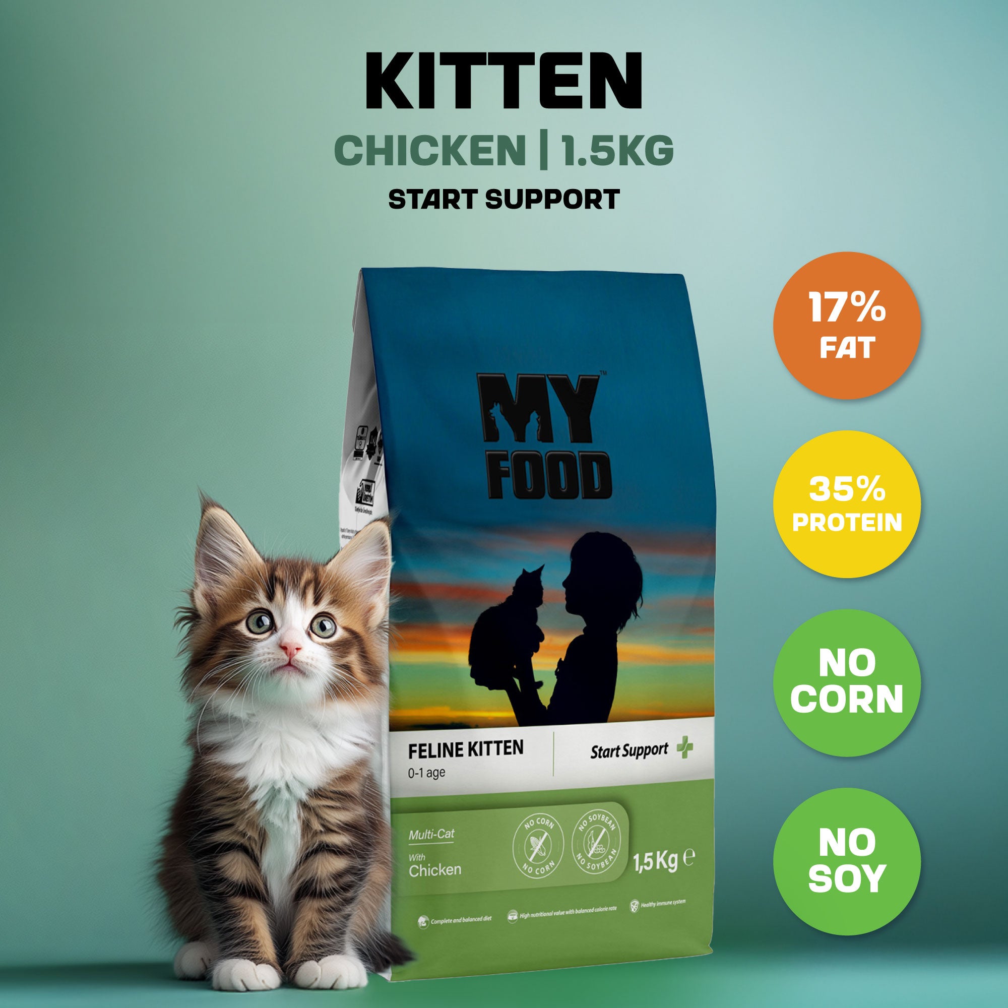 A white and brown kitten sitting next to a bag of MyFood's kitten food with start support and chicken flavor, with composition infographics next to it detailing protein and fat contents.