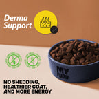 A bowl of MyFood's dry puppy food next to promotional texts and graphics about its health contents.