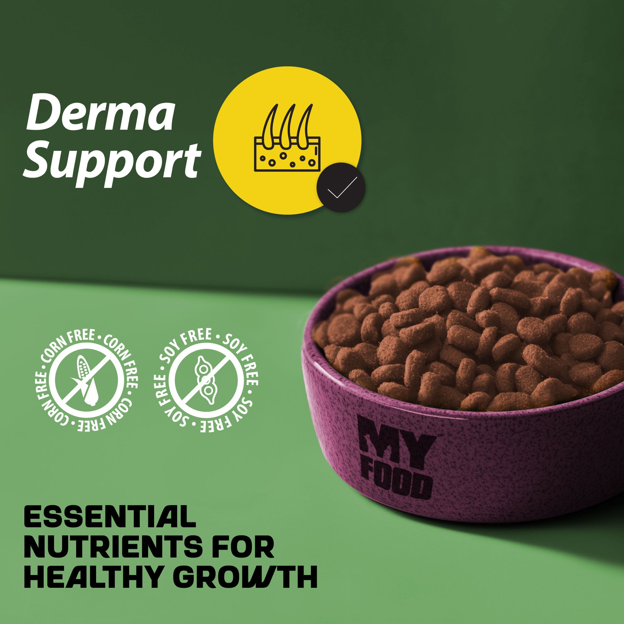A bowl of MyFood's dry puppy food next to promotional texts and graphics about its health contents.