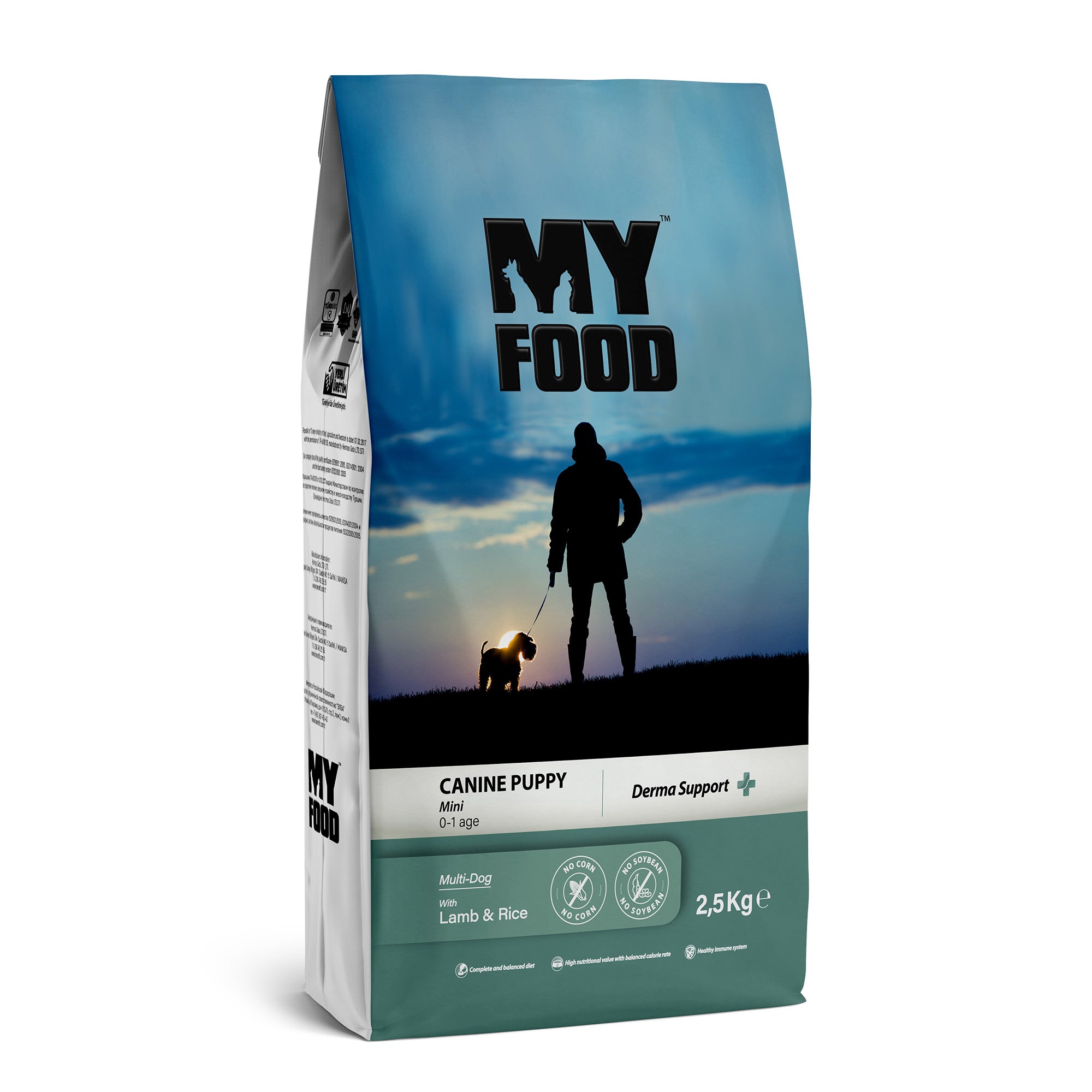 A bag of MyFood brand puppy dry food with an image of a person and a dog on the front, indicating the product is for canine puppies with derma support.