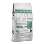 The back of a bag of MyFood's dry puppy food for medium and large breeds, with derma support and salmon flavor, detailing its daily feed guide, composition and more.