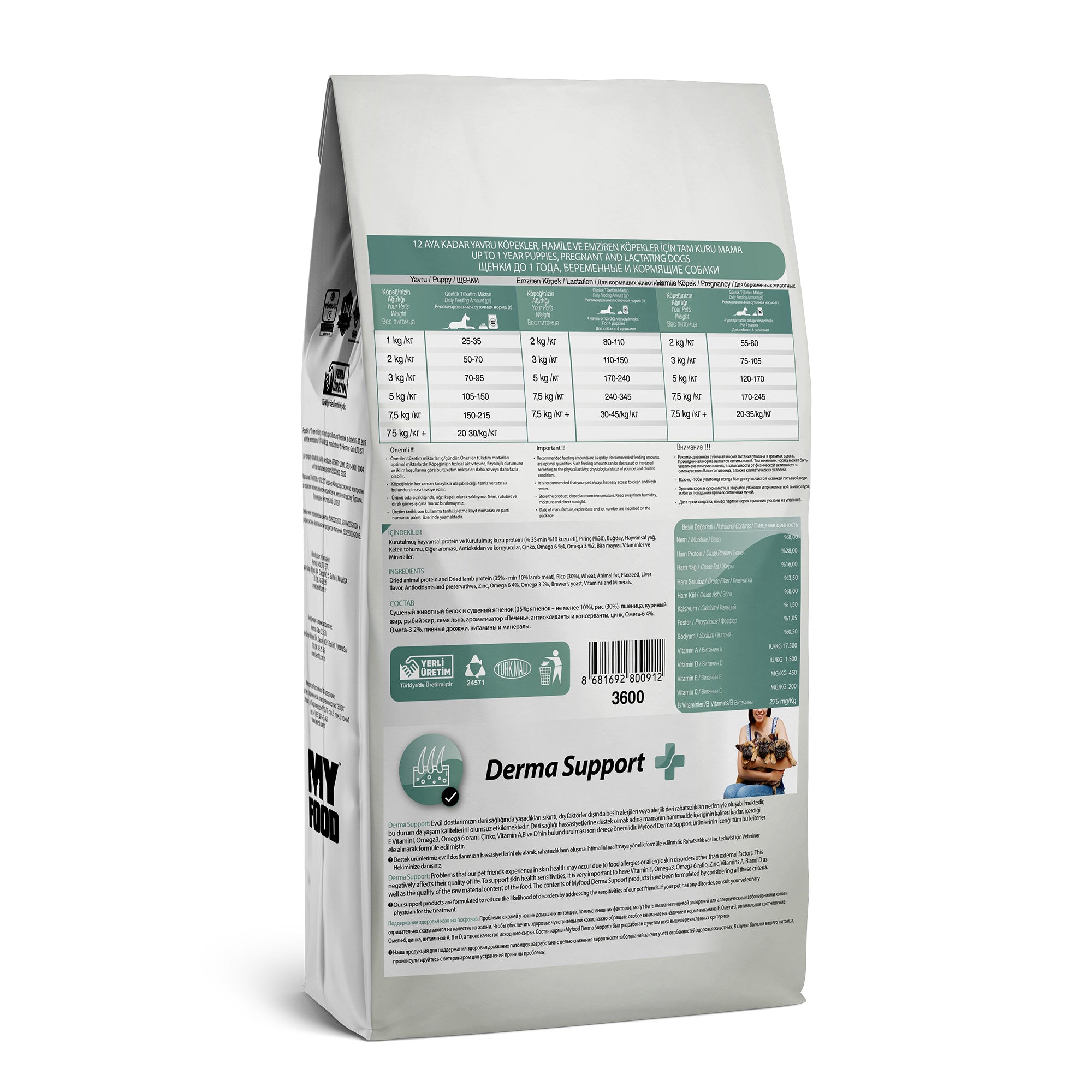 The back of a bag of MyFood's dry puppy food for medium and large breeds, with derma support and salmon flavor, detailing its daily feed guide, composition and more.