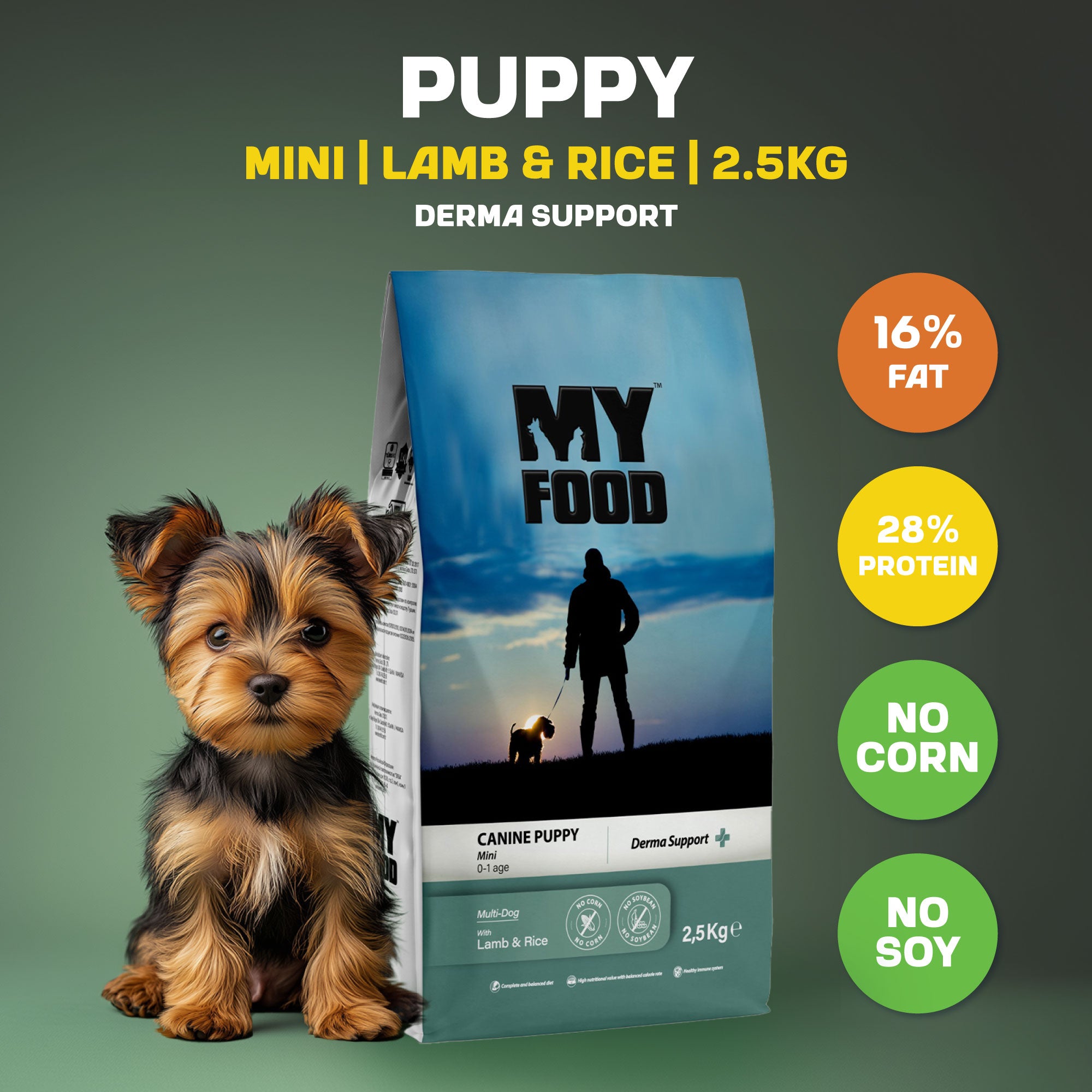 A brown and black puppy sitting next to a bag of MyFood's dry puppy food for medium to large breeds with derma support and lamb & rice flavor, with infographics next to it detailing fat, protein and other compositions of the kibble.