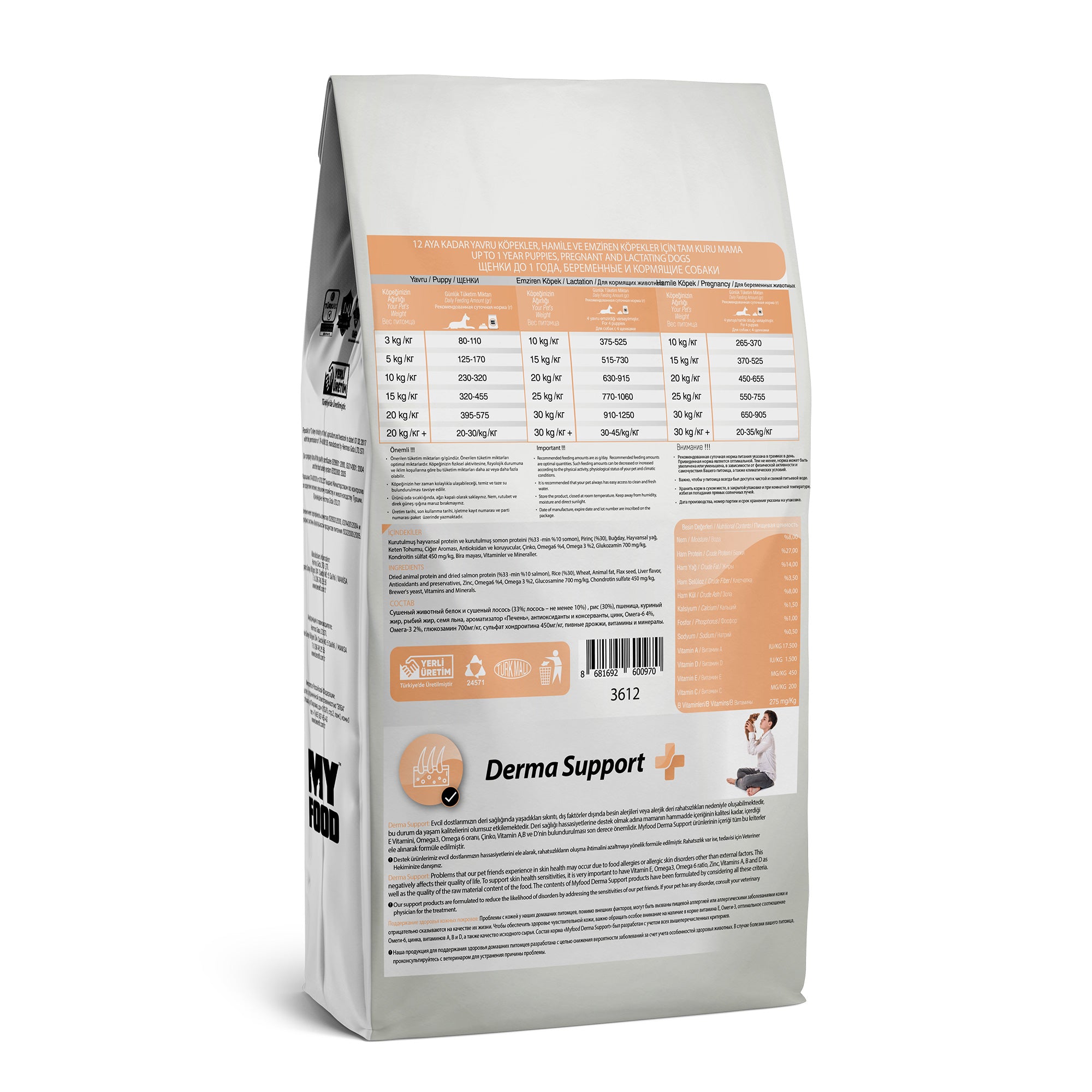 The back of a bag of MyFood's dry puppy food for medium and large breeds, with derma support and salmon flavor, detailing its daily feed guide, composition and more.