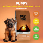 A brown and black puppy sitting next to a bag of MyFood's dry puppy food for medium to large breeds with derma support and salmon flavor, with infographics next to it detailing fat, protein and other compositions of the kibble.