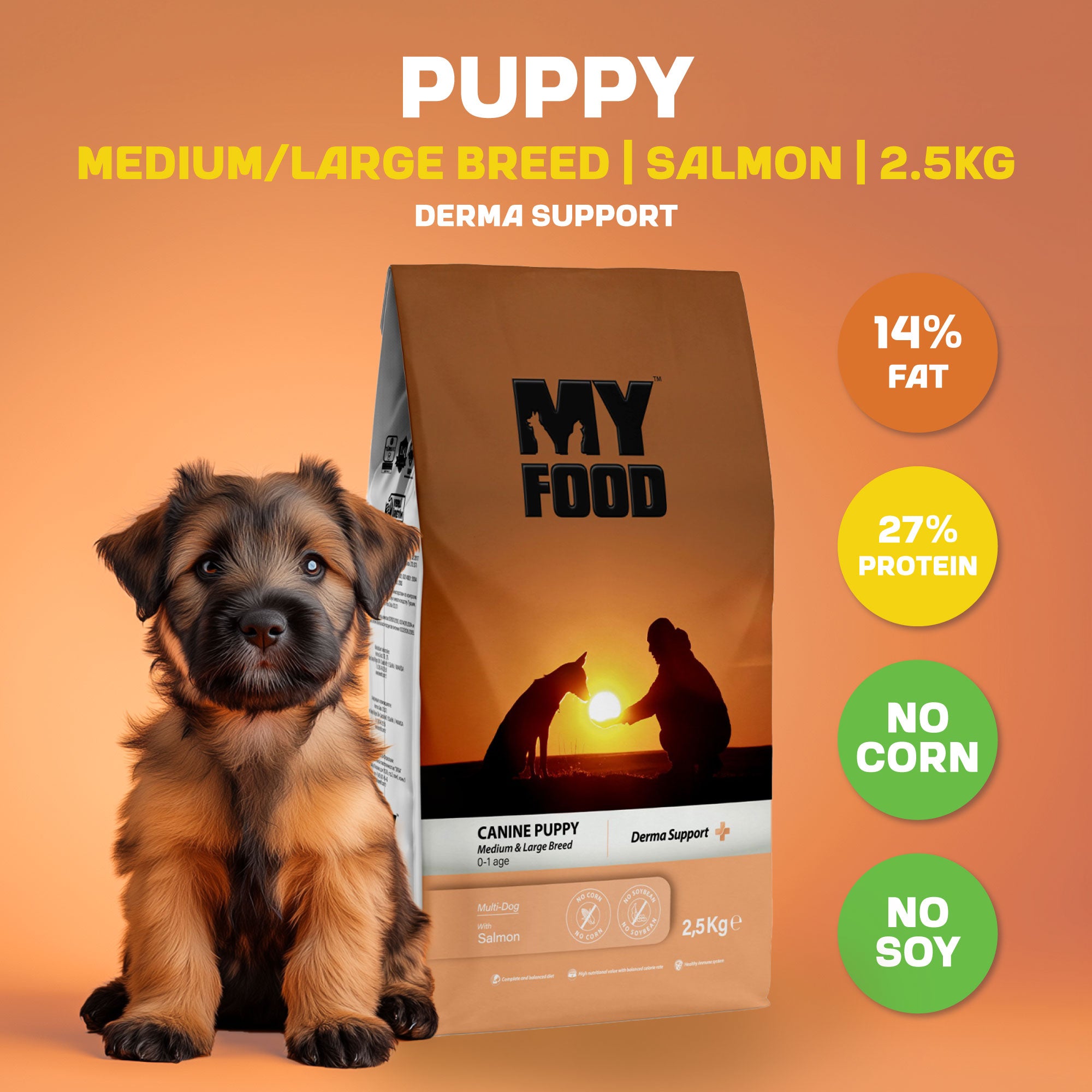 A brown and black puppy sitting next to a bag of MyFood's dry puppy food for medium to large breeds with derma support and salmon flavor, with infographics next to it detailing fat, protein and other compositions of the kibble.
