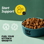 A bowl of MyFood dry kitten food with promotional infographics next to it.
