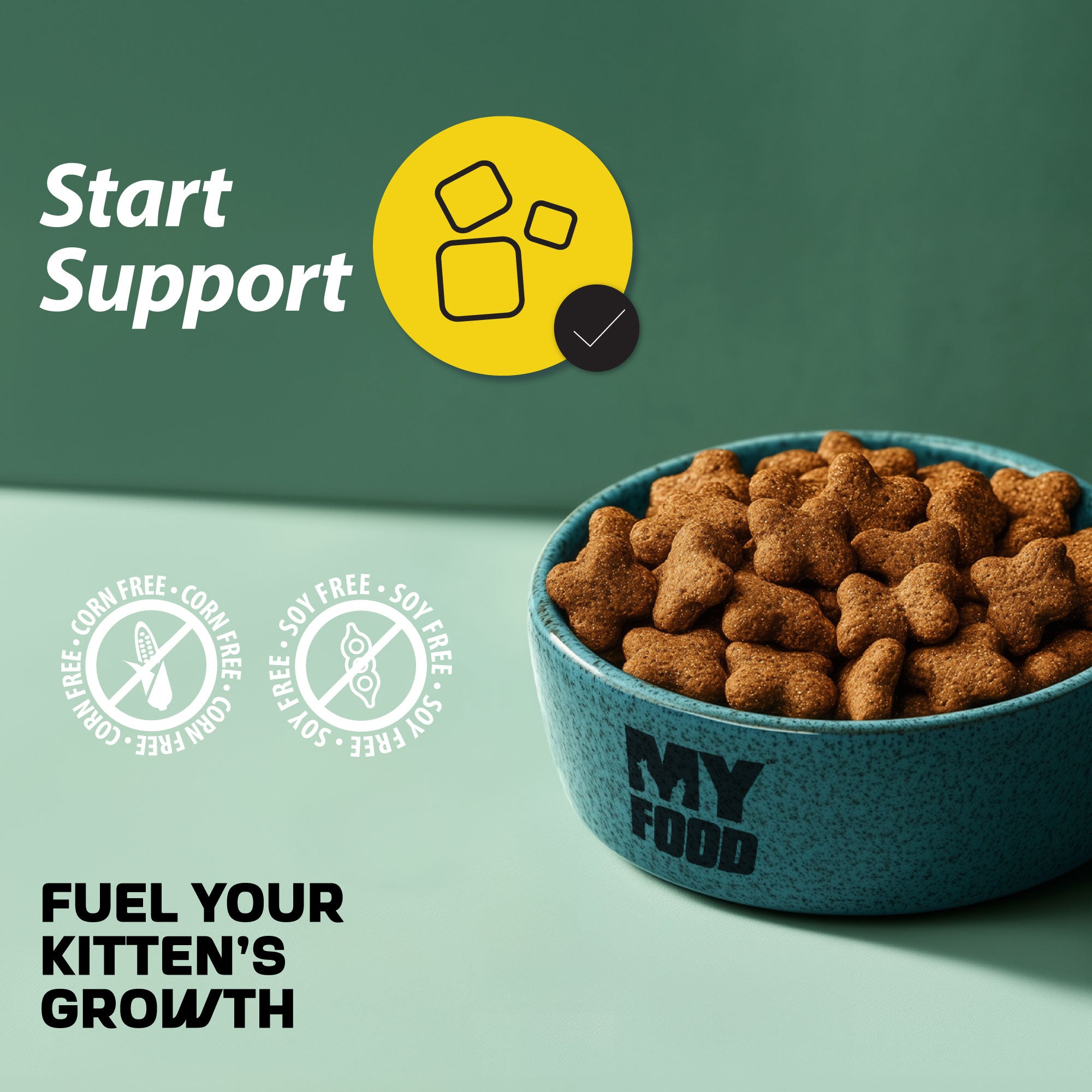 A bowl of MyFood dry kitten food with promotional infographics next to it.