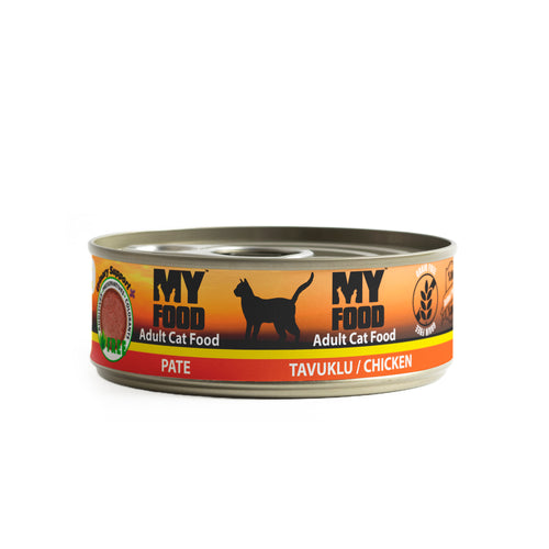 A can of MyFood adult cat food with chicken flavor. The can is labeled with the brand logo and a silhouette of a cat.