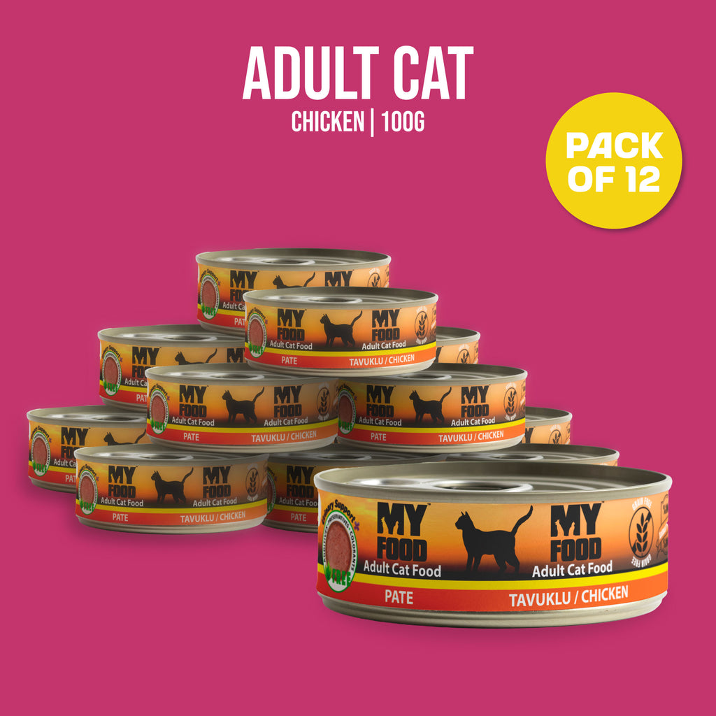 A pyramid shaped stack of 12 MyFood's wet cat food with chicken flavor cans, on a pink background.