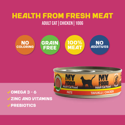 An infographic around a can of MyFood's wet cat food with chicken flavor, detailing its health benefits and main ingredients.