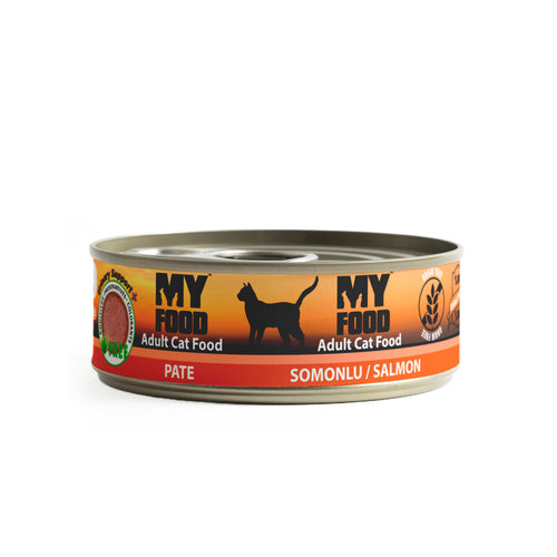 A can of MyFood adult cat food with a salmon flavor. The can is labeled with the brand, product type, and the word 'Pate' indicating the texture of the food.
