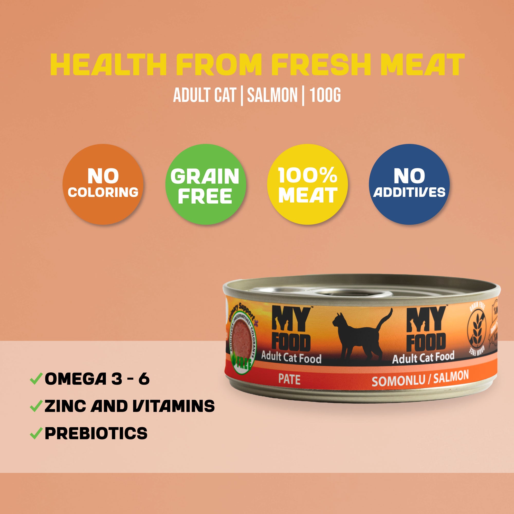 A MyFood wet cat food with salmon can with an infographic around it detailing its contents and health benefits.
