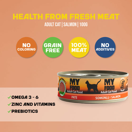 A MyFood wet cat food with salmon can with an infographic around it detailing its contents and health benefits.