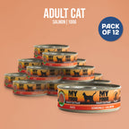 A pyramid shaped stack of 12 MyFood wet cat food cans with salmon flavor.