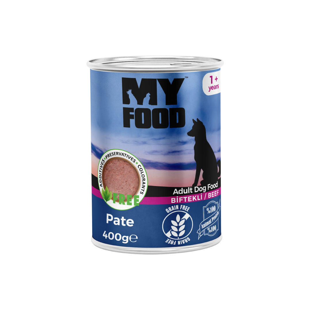 Can of MyFood wet dog food with beef flavor on a white background.