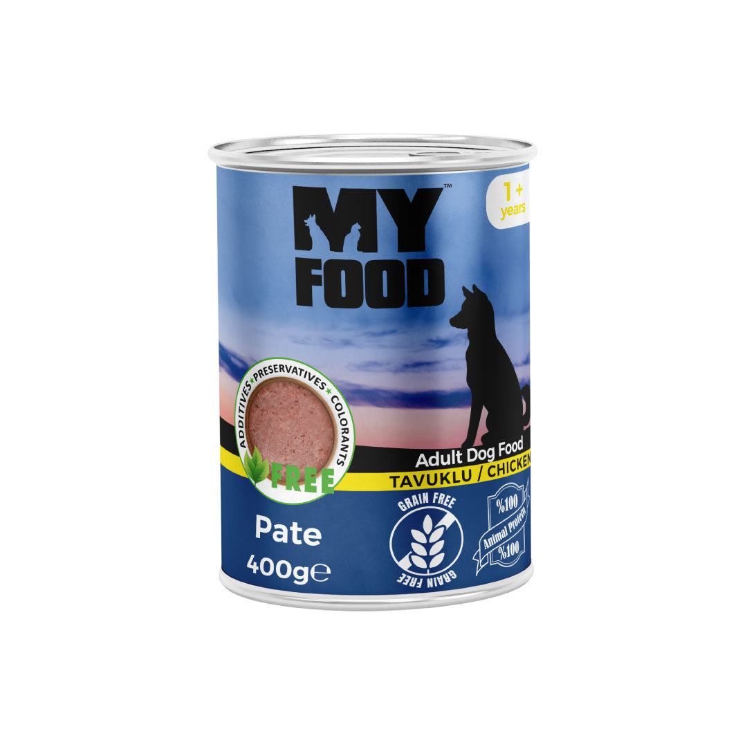 Can of MyFood wet dog food with chicken flavor on a white background.