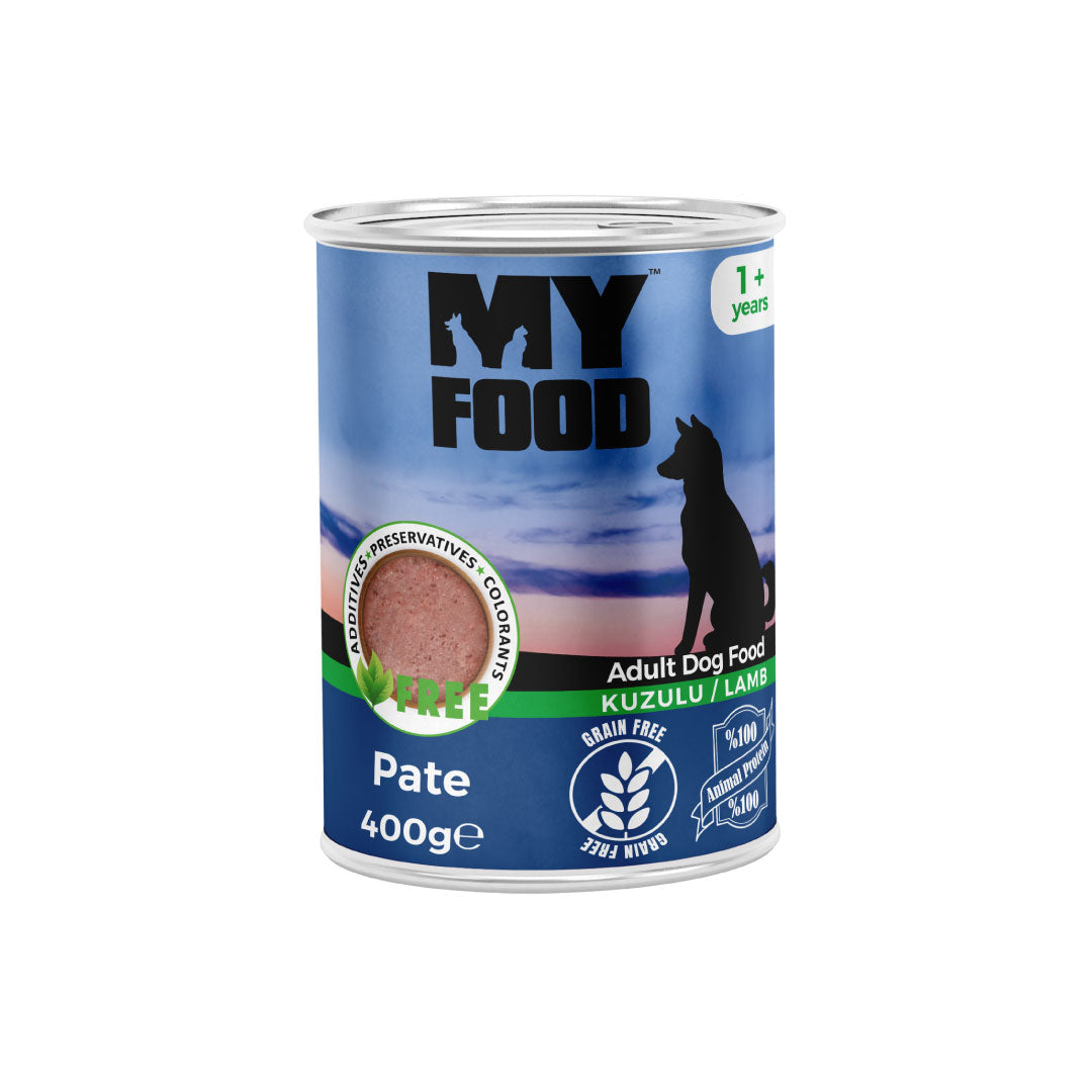Can of MyFood wet dog food with lamb flavor on a white background.