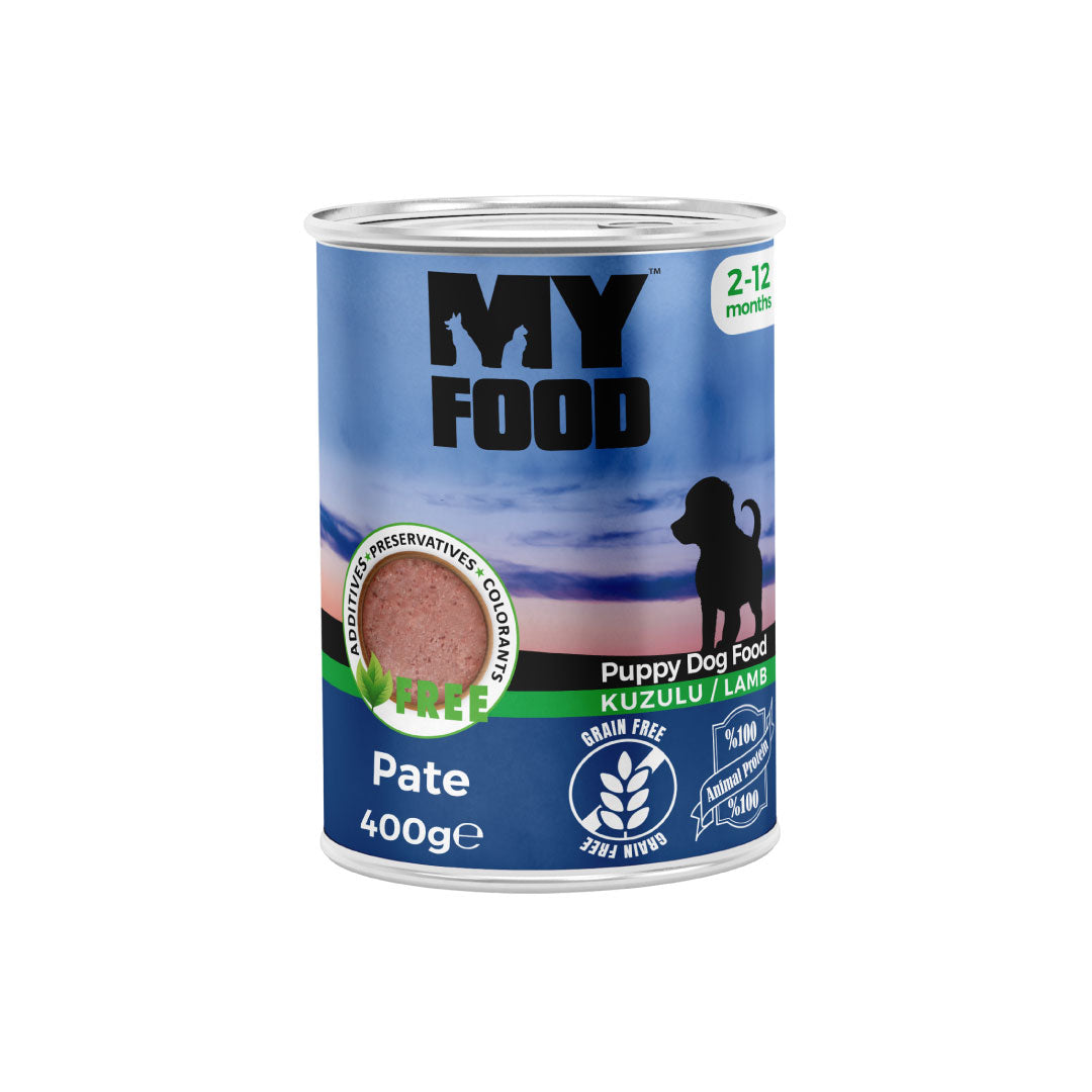 Can of MyFood wet puppy food with lamb flavor on a white background.
