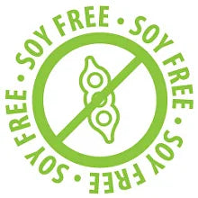 Soy-free symbol with 'soy free' text repeated around a green circle.