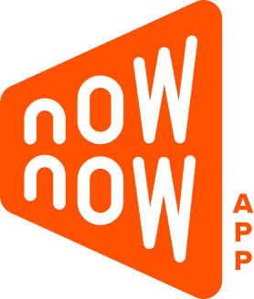 Logo with 'NOW NOW' text on an orange triangle background