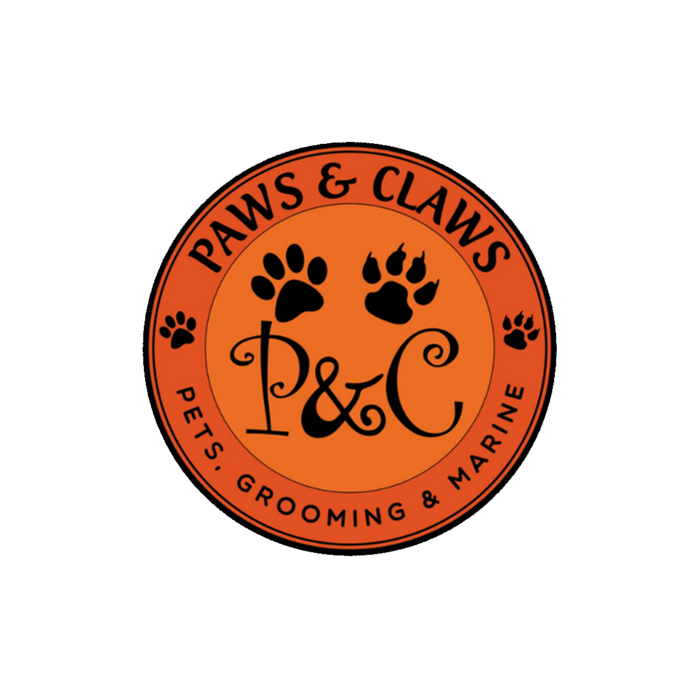 Logo of Paws & Claws with paw prints and text on an orange circle.