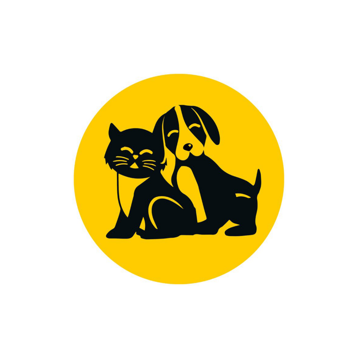 Black silhouette of a cat and dog on a yellow circle background.