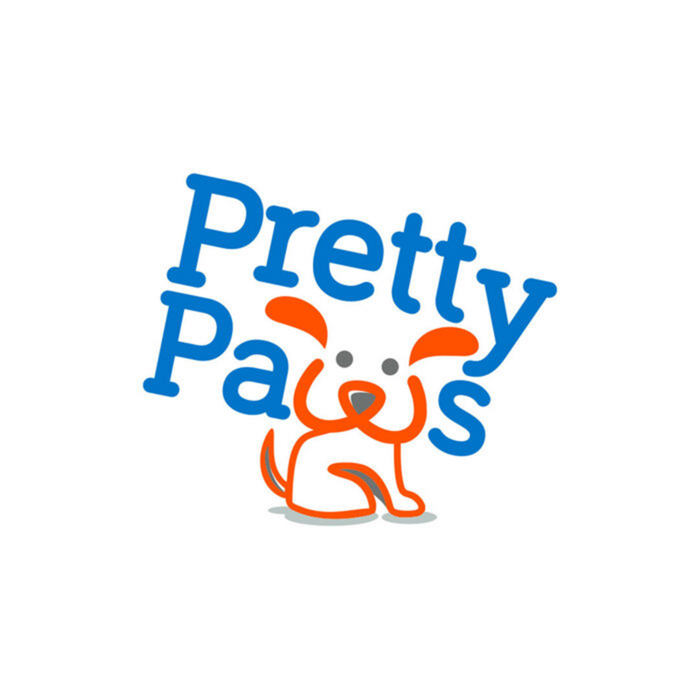 Logo of 'Pretty Paws' with a stylized dog illustration on a white background