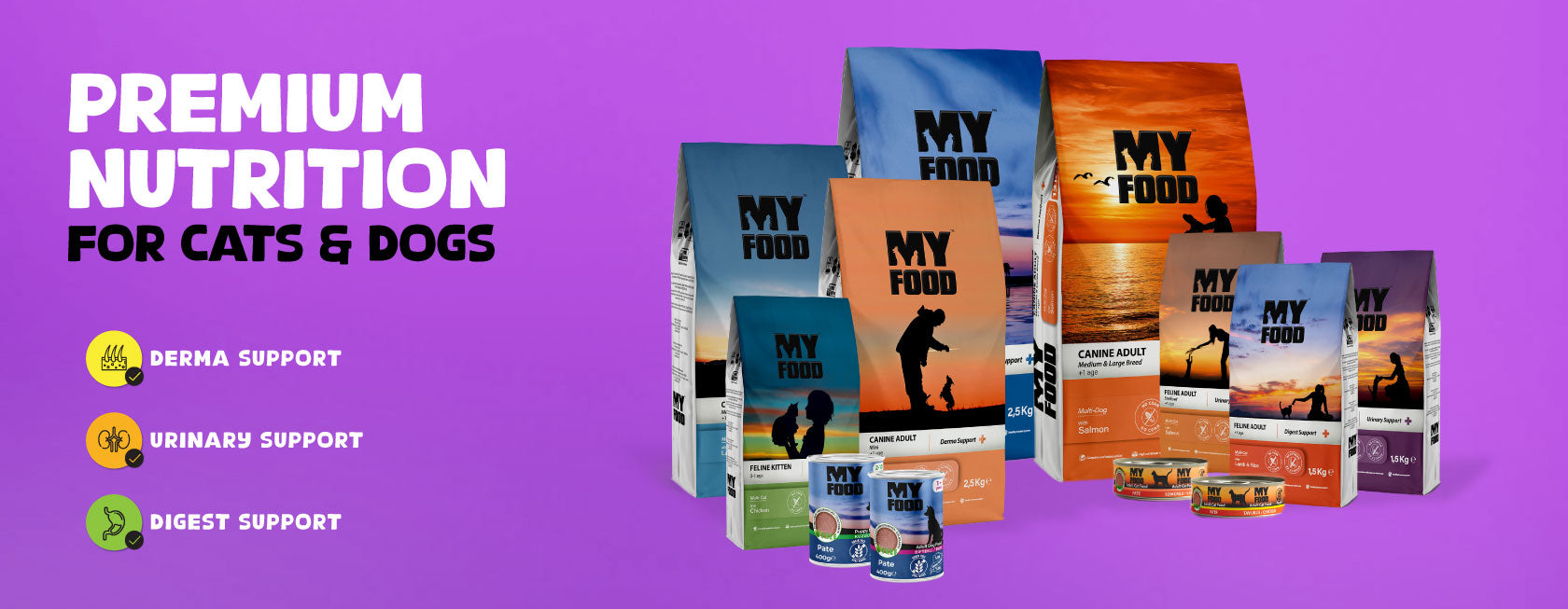 Assorted dog food packages on a purple background with text about premium nutrition for cats and dogs.