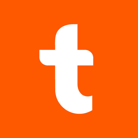 White 't' logo on an orange background.