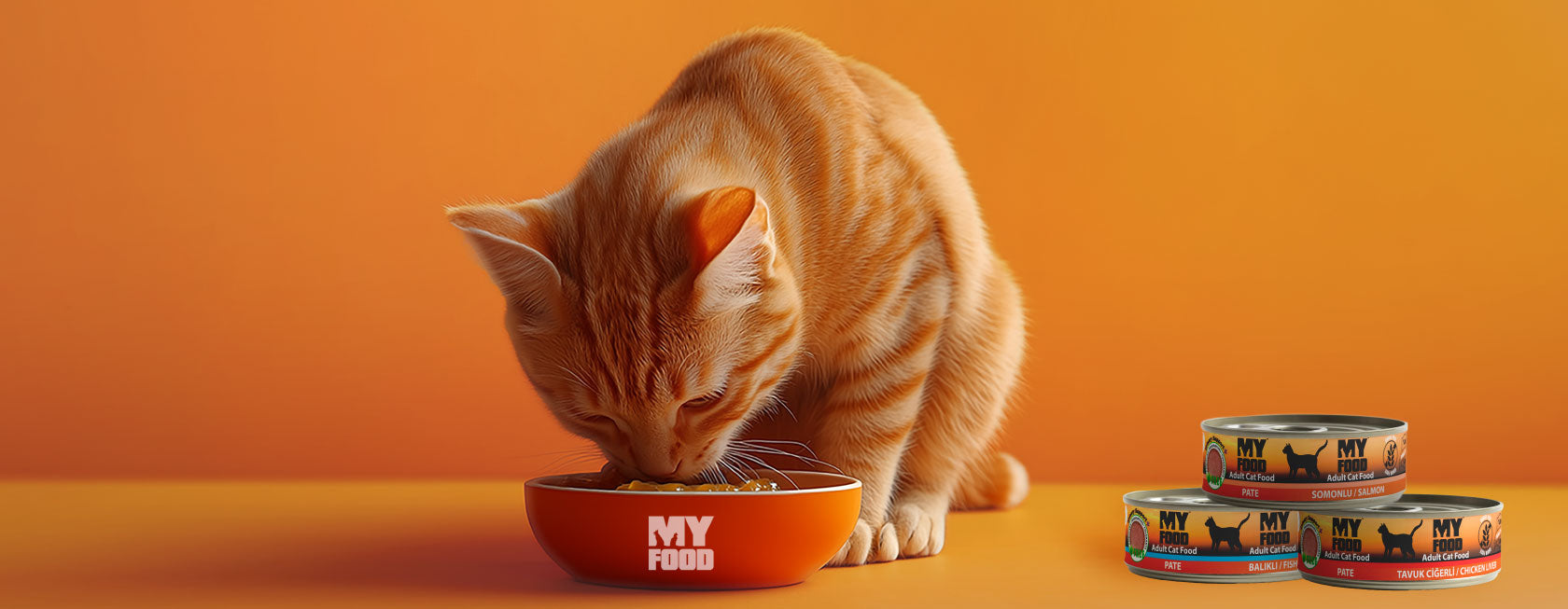 Cat eating from a bowl with MyFood branding on an orange background.
